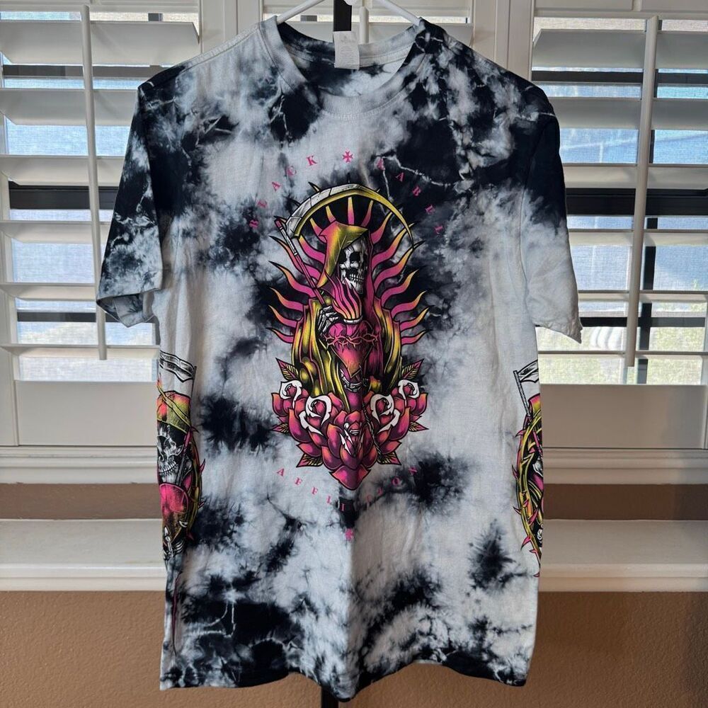 Affliction Black White Tie-Dye Tee with Pink Gold Graphic